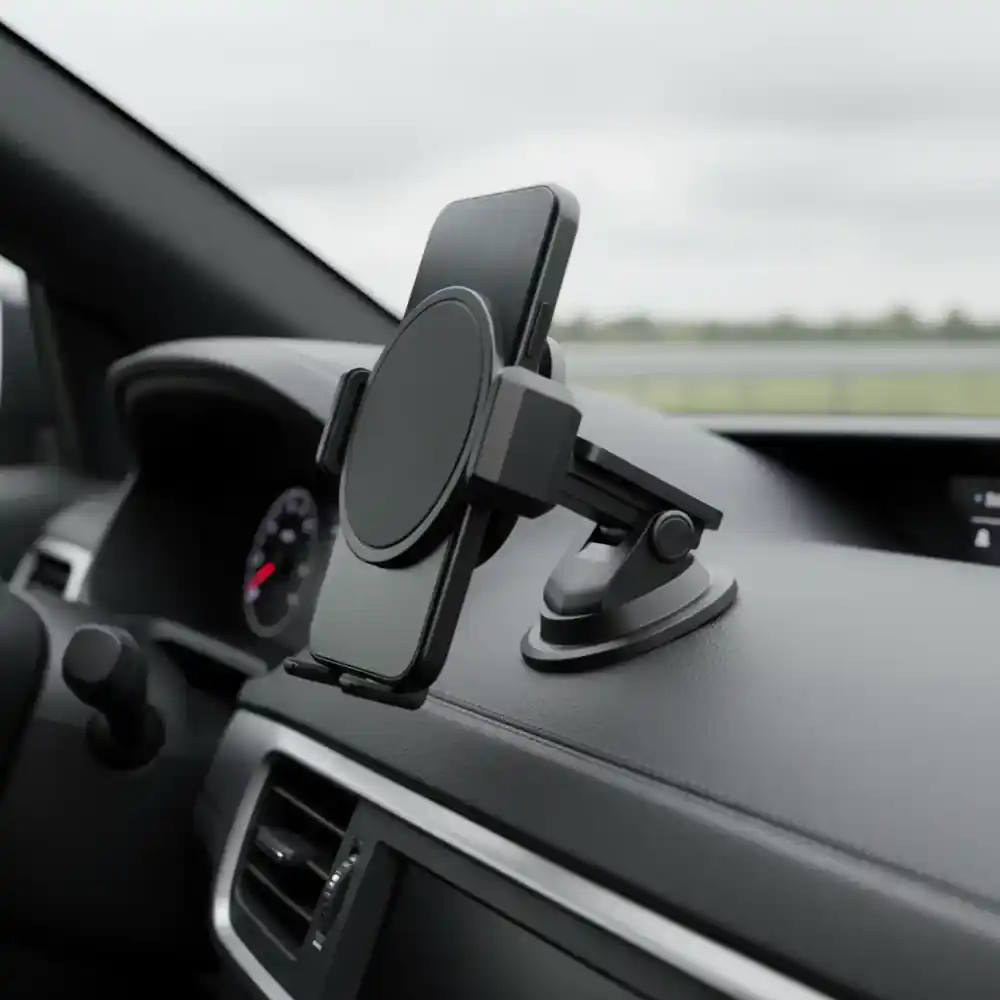 Magnetic car mount on a vehicle dashboard